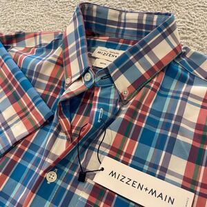 NWT Mizzen+Main Leeward Trim Fit Shirt Mens Medium Blue Red Plaid Button Up